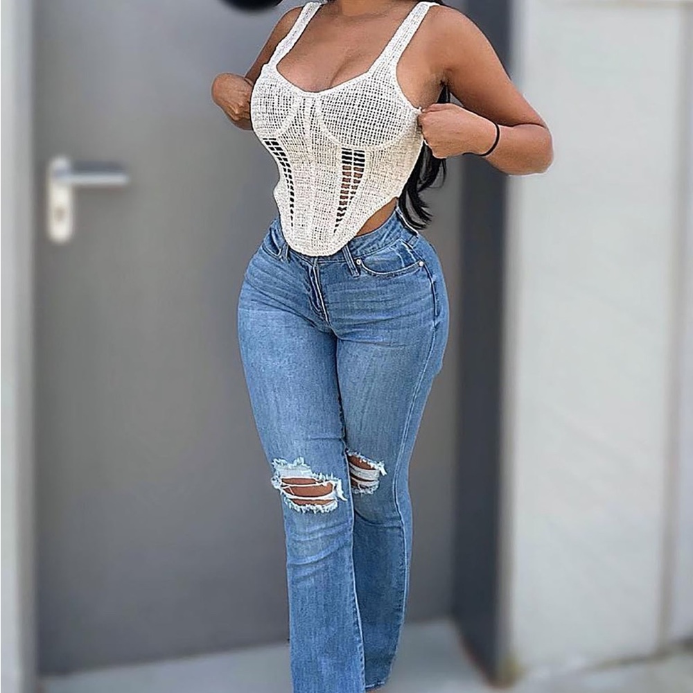 Fashion Nova Jessie Mid Rise Distressed Bootcut Jean - Light Blue Wash